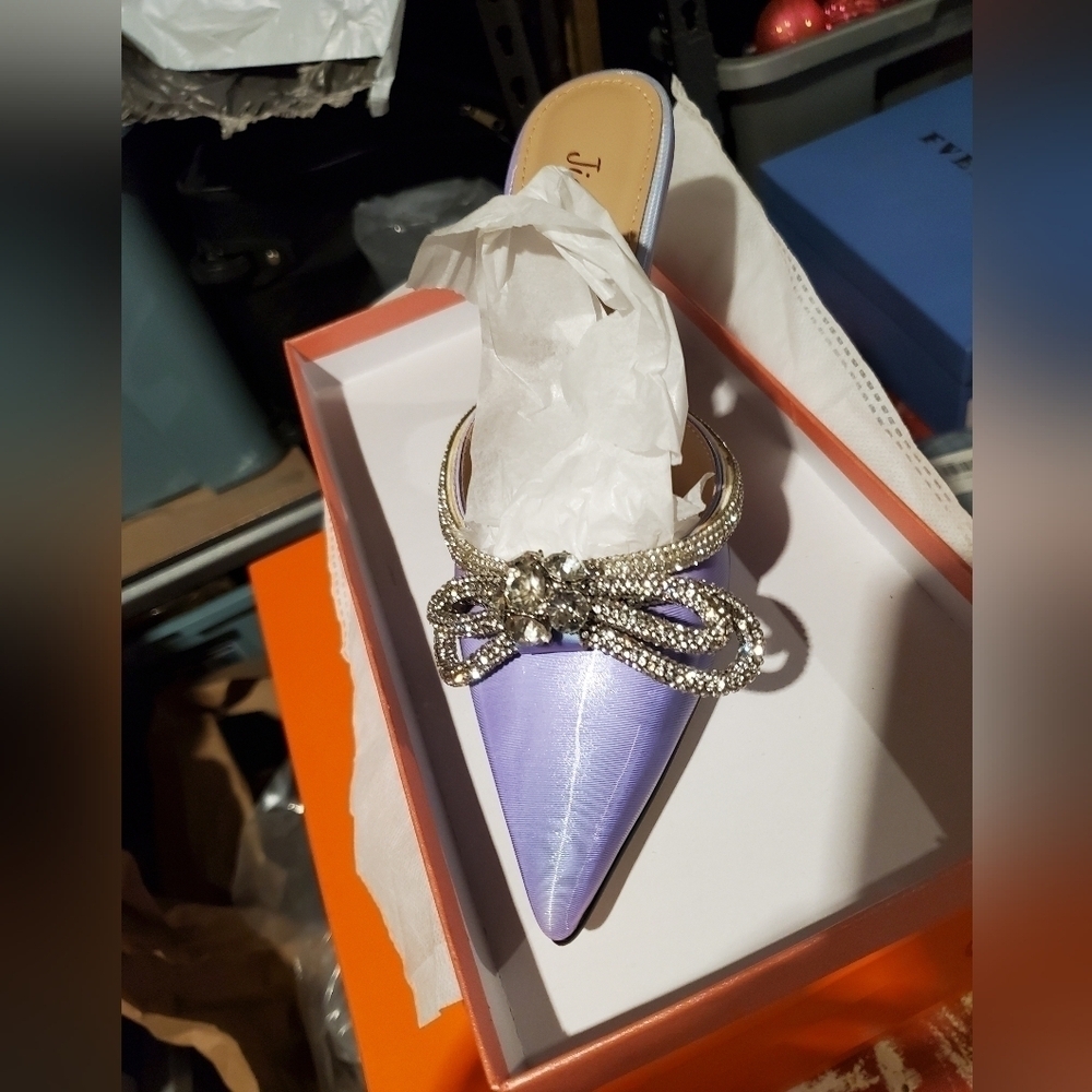 Last One   Women High Heeled Mules Crystal Rhinestones Double Shoe - Picture 7 of 9